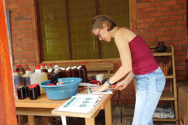 Cindy cutting the labels