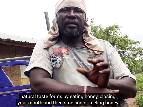 Wisdom Madugu, beekeeper in Liati Wote, talking about the quality of honey